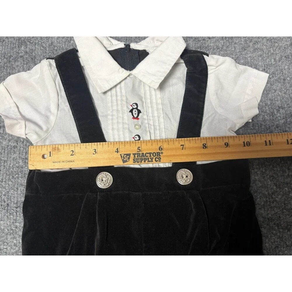 Vintage Penguin Outfit Boys 6 - 9 M Month Baby Velvet Early 90s Embordered
